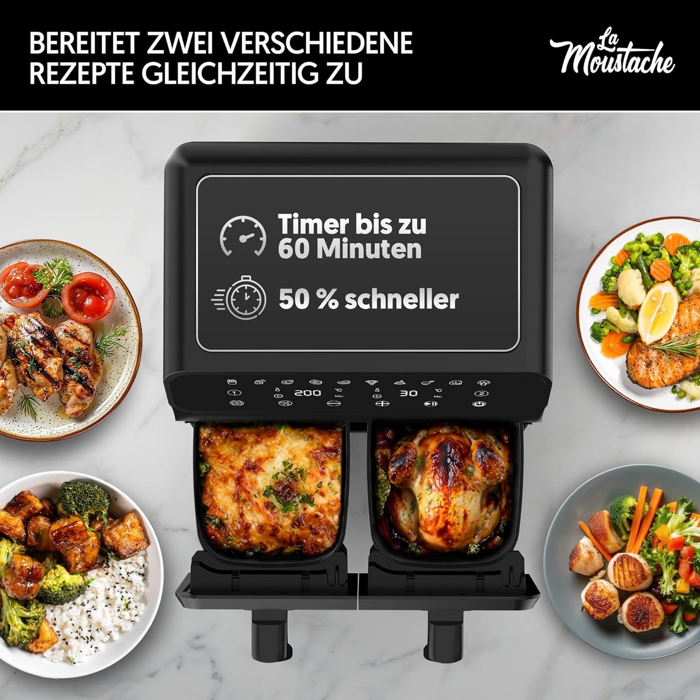 Heissluftfritteuse XXL DuoFry mit 2 Fächern, 8L, 8L Grau - Duofry