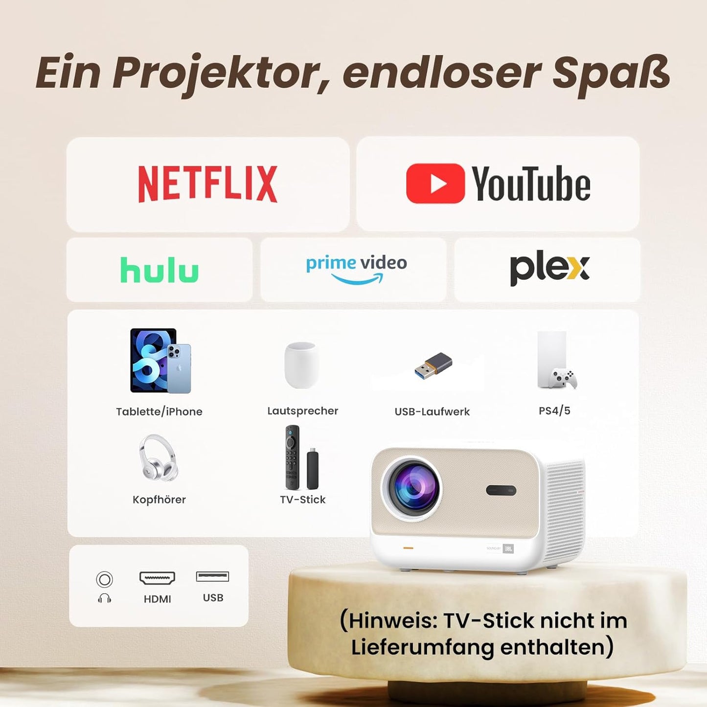 LED Projektor mit Autofokus und WiFi 6, Butterweiss