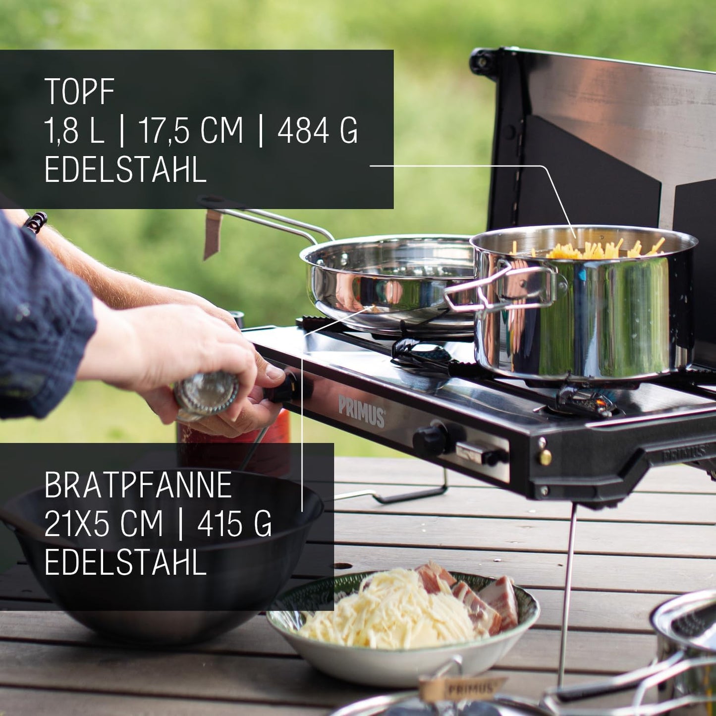 Camping Kochgeschirr, 1,8 L Topf + 21 cm Pfanne