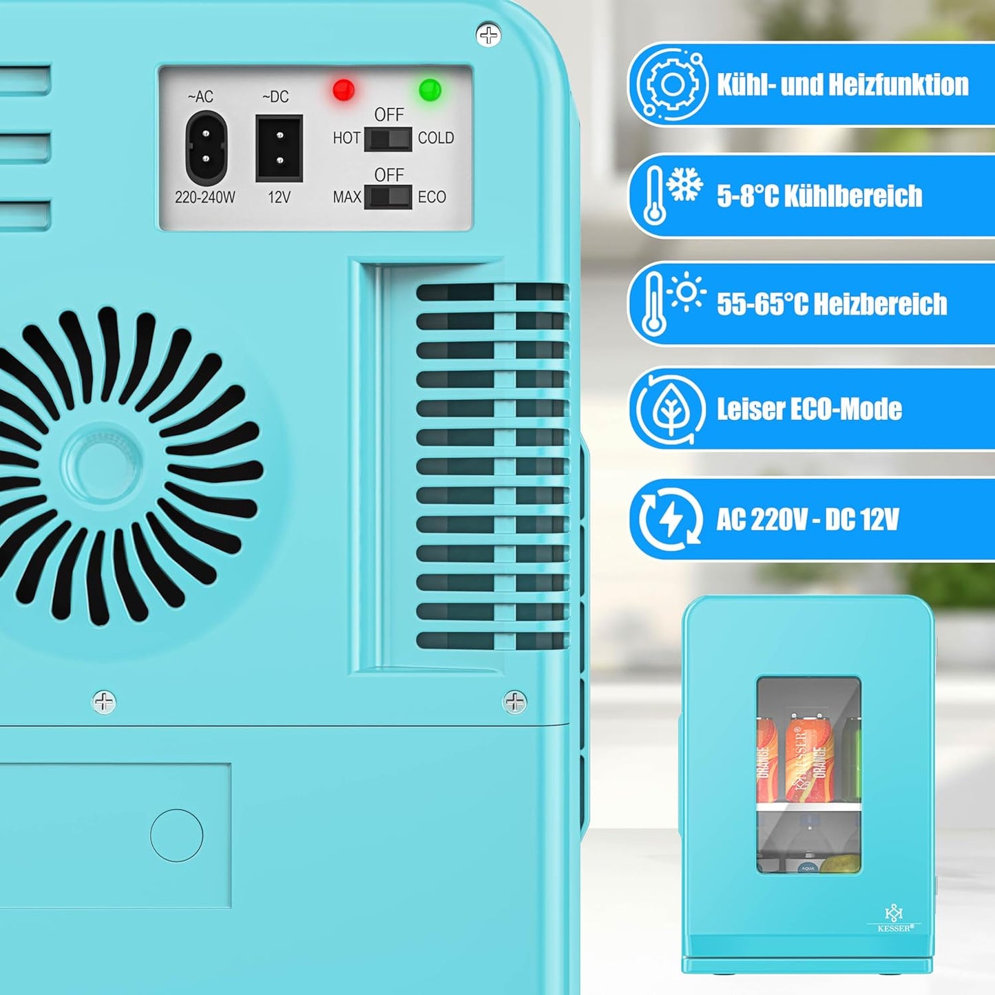 2in1 Mini Kühlschrank mit Kühl- und Heizfunktion, 15L Hellblau