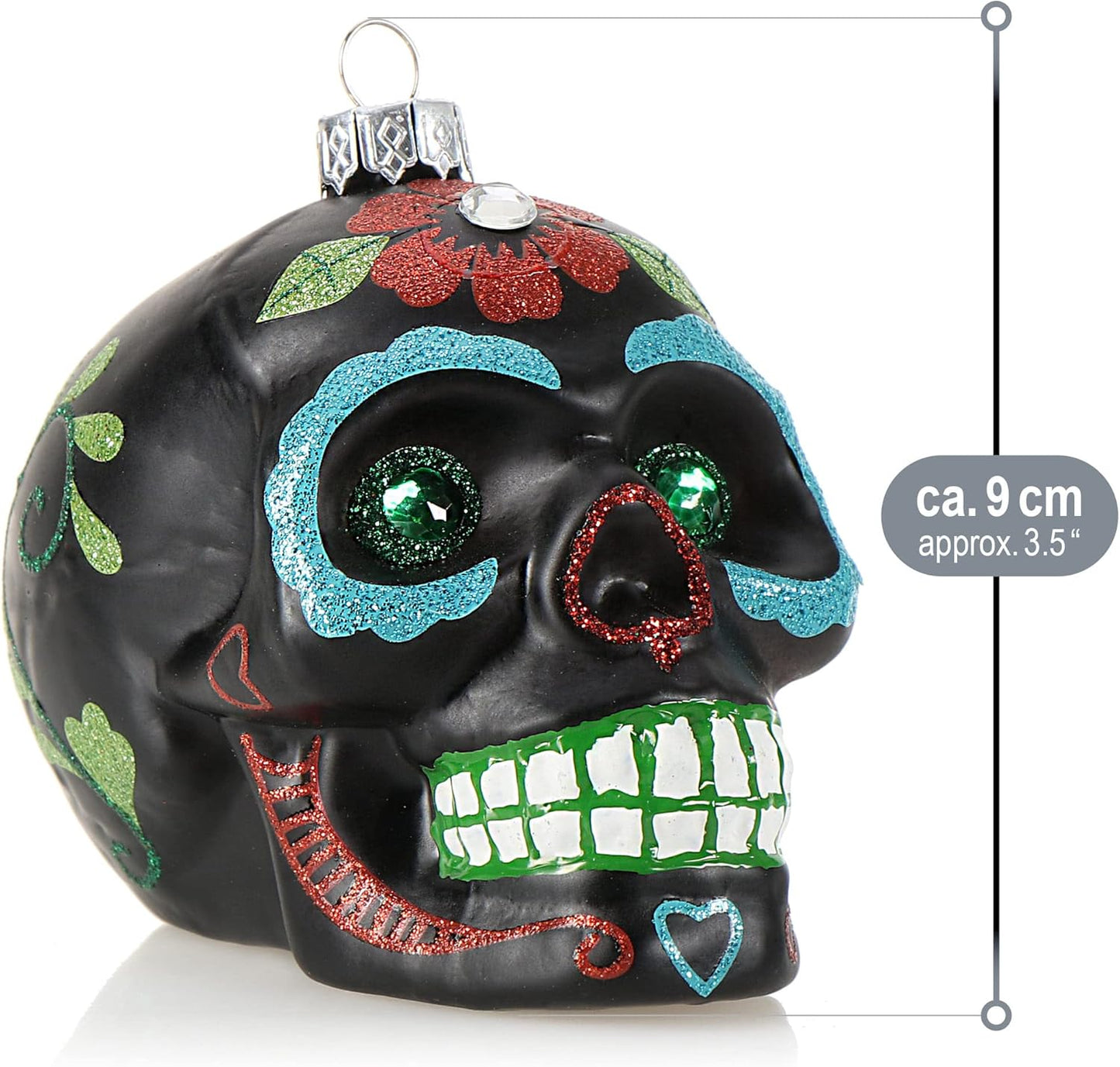 Weihnachtsbaumschmuck Totenschädel, 01 Stück - Schwarz/Grüne Augen