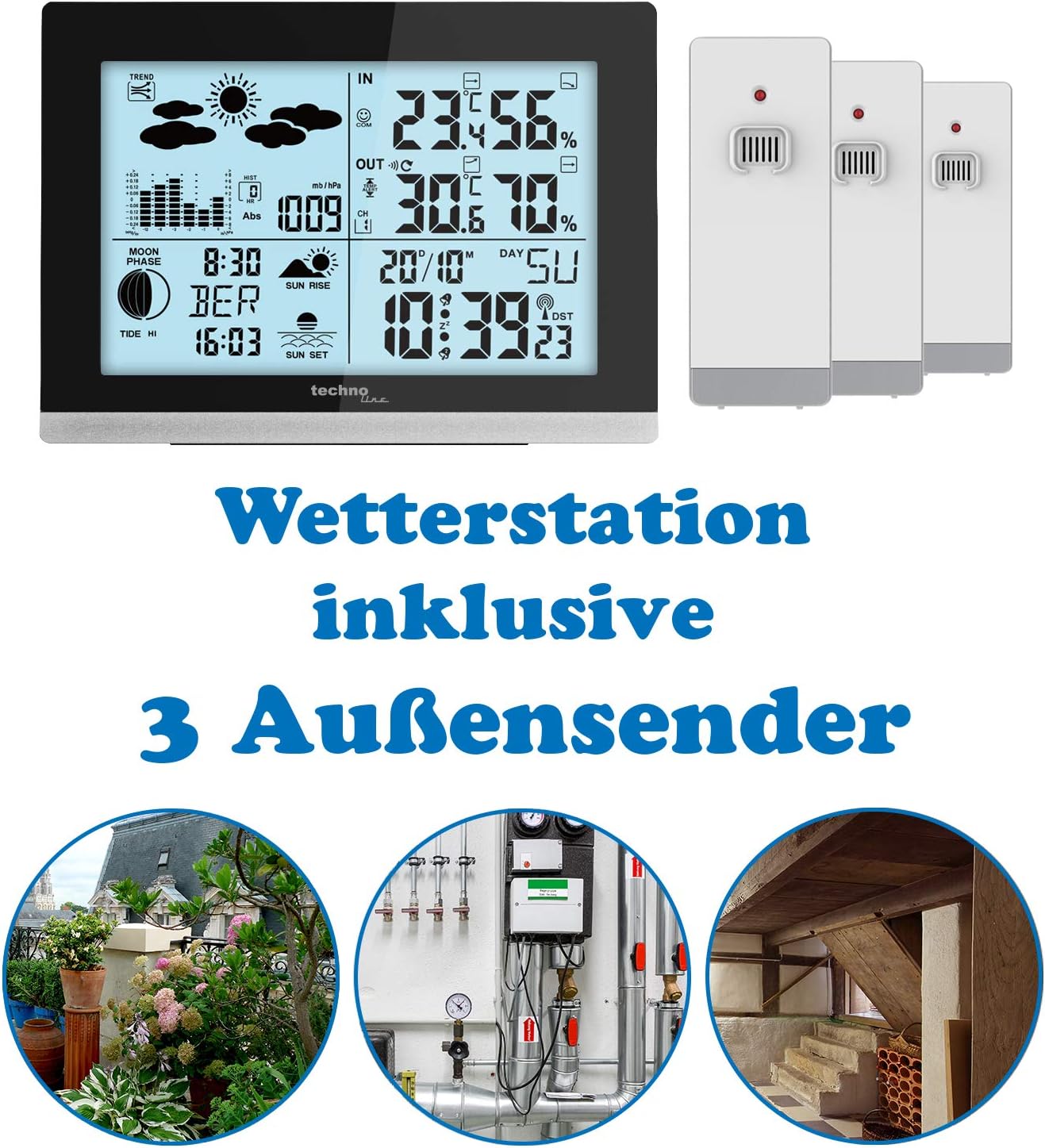 Wetterstation WS 6762 mit drei Aussensender, moderne Wetterstation inkl. 3 Sensoren TX205DTH-IT