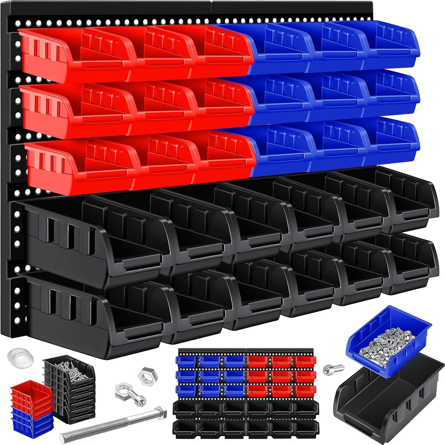 Wandregal mit Stapelboxen, Schwarz / Blau / Rot