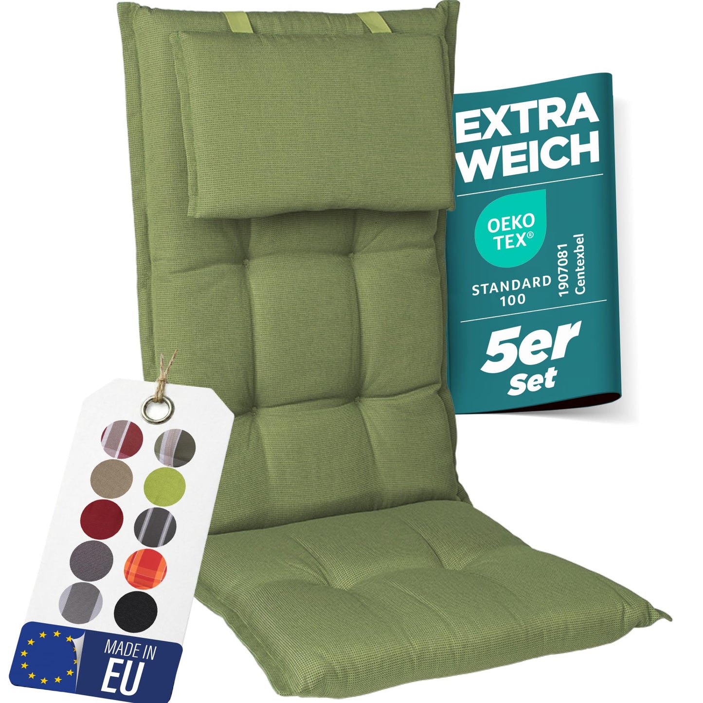 5er-Set Gartenstuhlauflagen Hochlehner mit Kopfteil, 5-Stück Grün (mit Kopfteil)