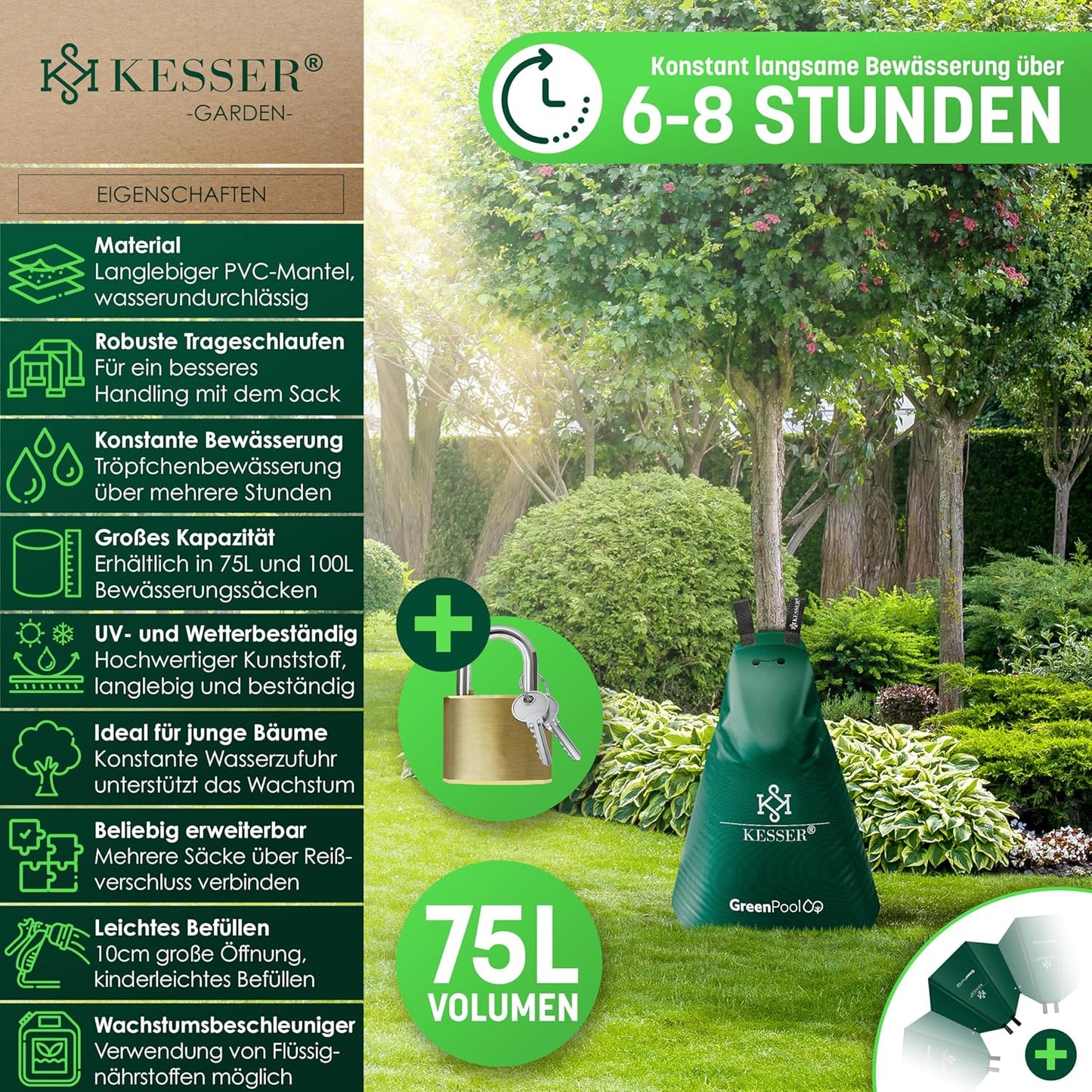 Baumbewässerungssack Set mit Diebstahlschutz, 75 Liter 8er Set Grün
