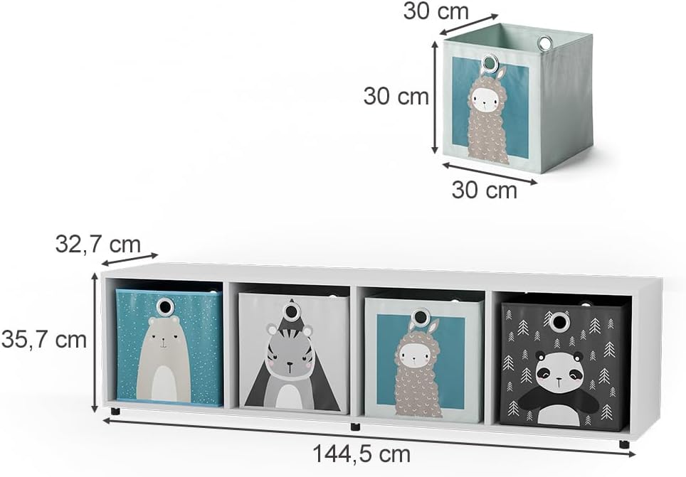 Kinderregal Ludus mit 4 Faltboxen, Weiss Standregal + 4 Faltboxen