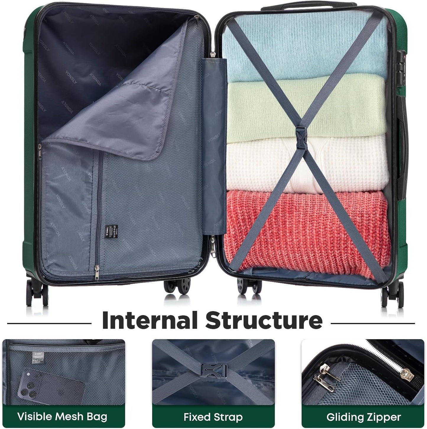 Hartschalen-Reisekoffer mit TSA-Schloss und YKK-Reissverschluss, XL (76cm-98L) YS2-Premium Dunkelgrün