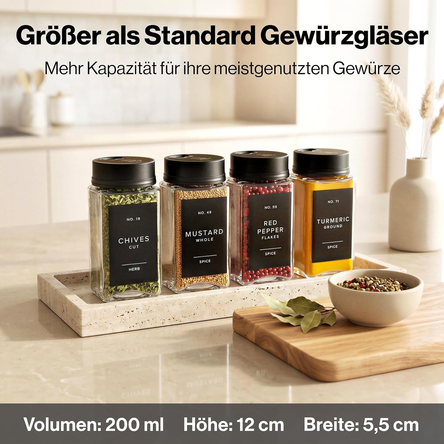 Gewürzgläser-Set mit verstellbarem Deckel, 12x200ml Verstellbare Deckel Schwarz