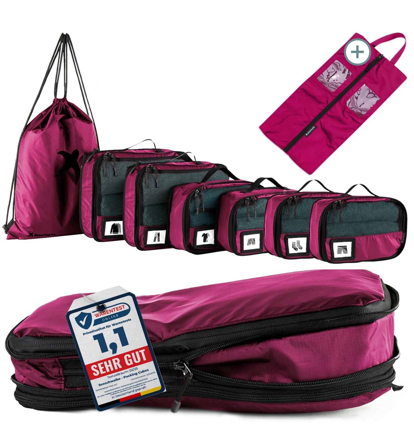 8-teiliges Kompressions-Packwürfel-Set, Himbeer 8-teiliges Set
