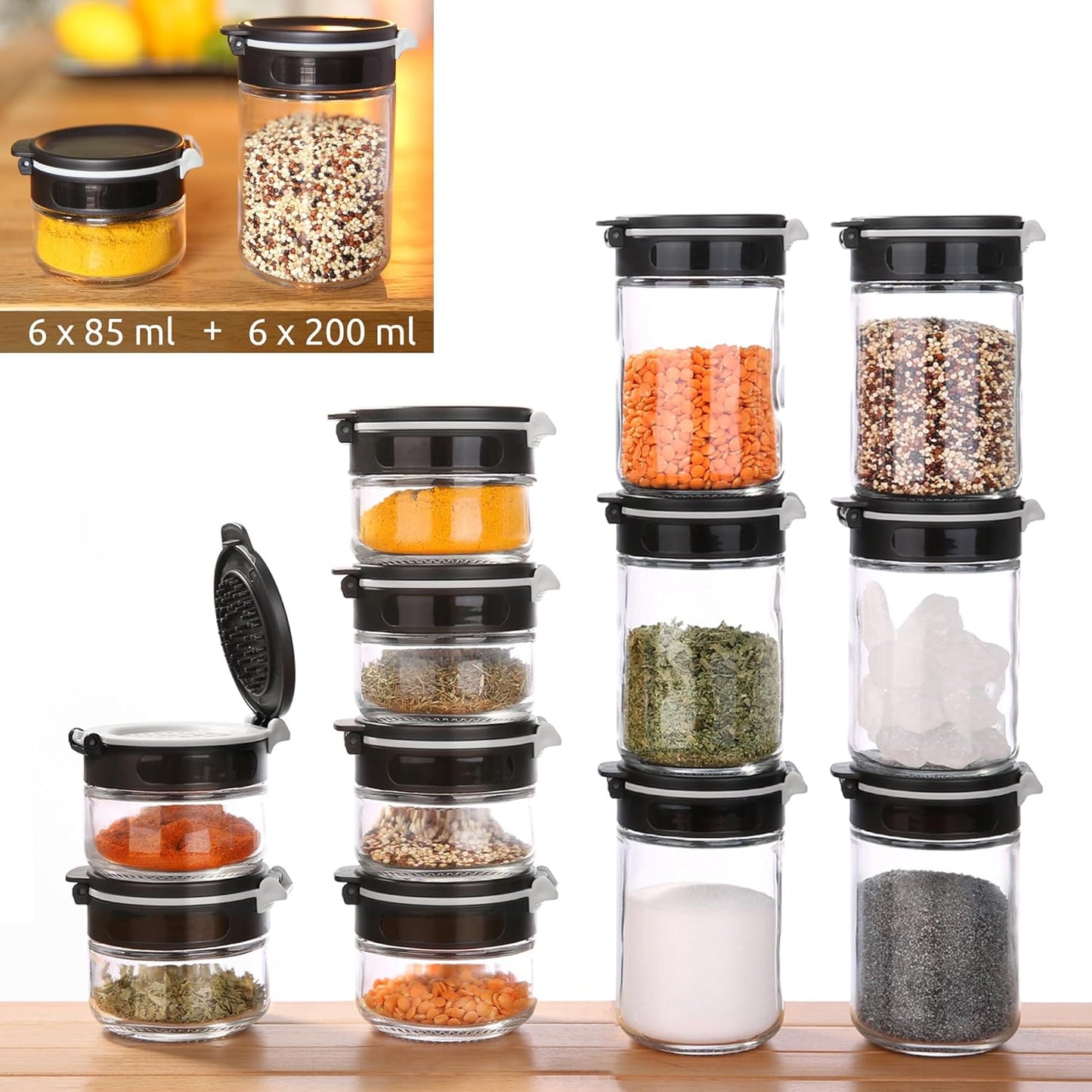 Gewürzstreuer Double-Flip Set, 12 Gläser + Karussell (6x 85ml 6x 200ml)