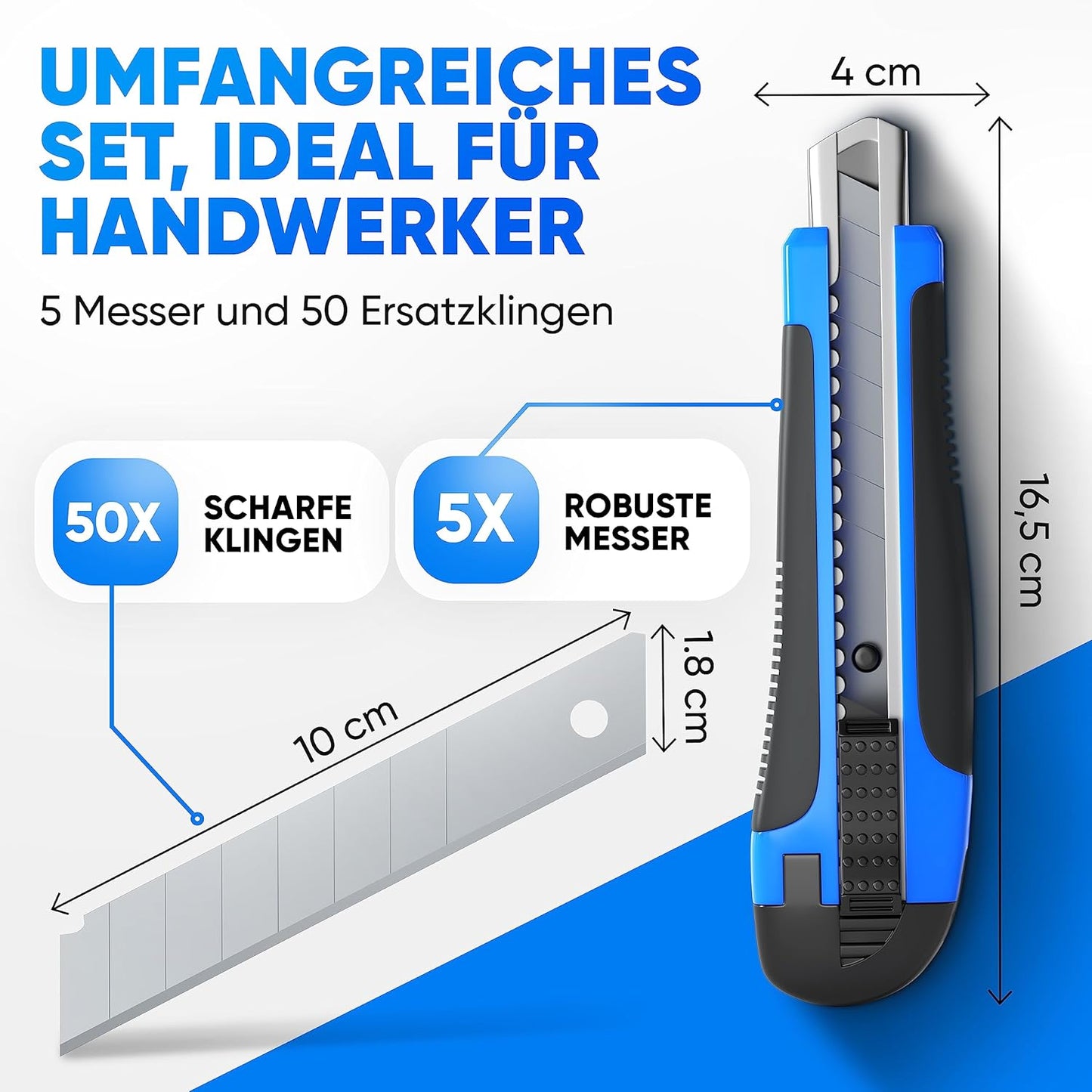 5 Teppichmesser mit 50 Klingen, 5 Messer + 50 Klingen