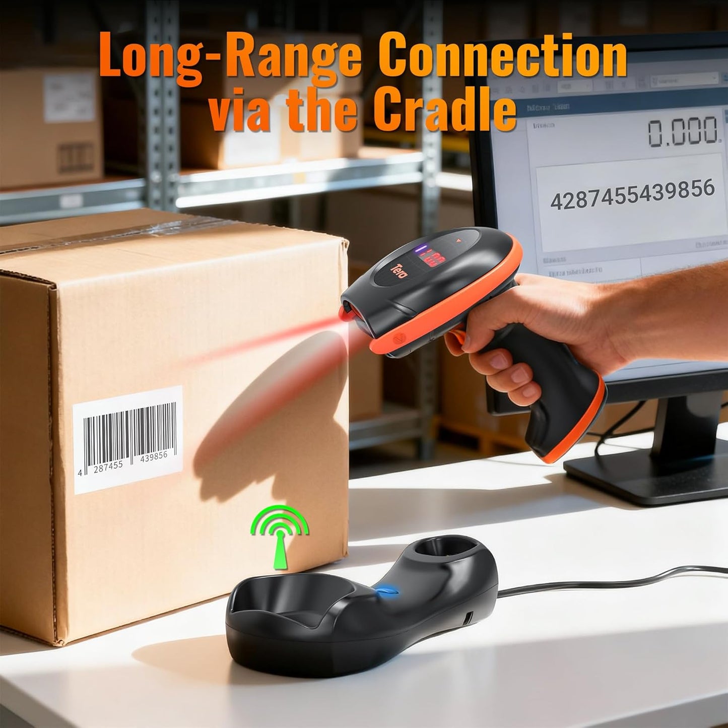 2D/1D Barcode-Scanner mit Ladestation und USB-Kabel, Mandarinfarben