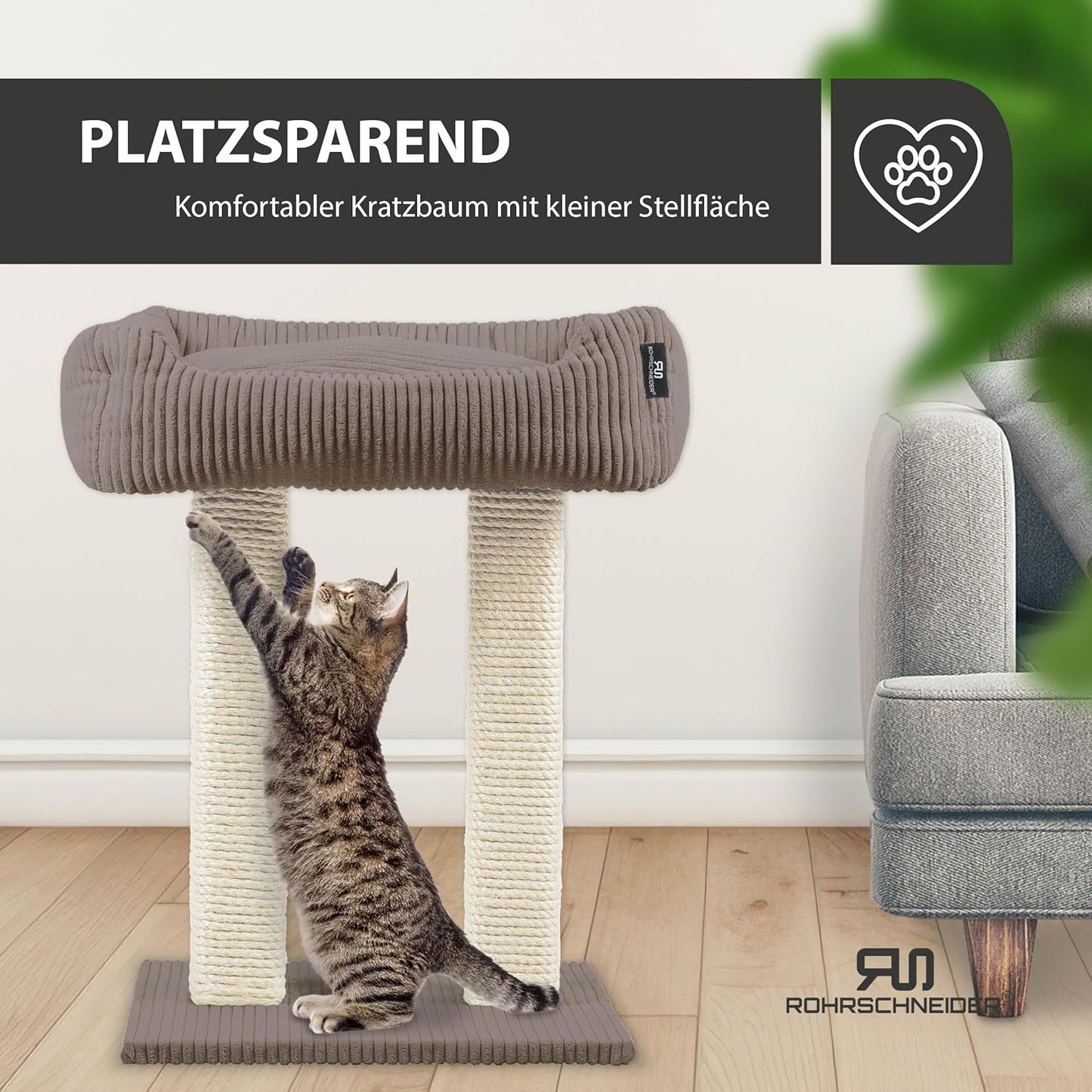 Moderner Kratzbaum, Cordstoff breit taupe