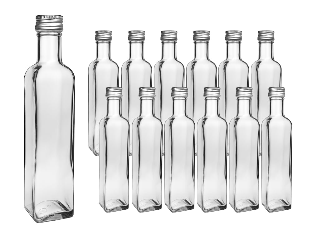 Glasflaschen mit Schraubverschluss, 12x Silber 250ml eckig