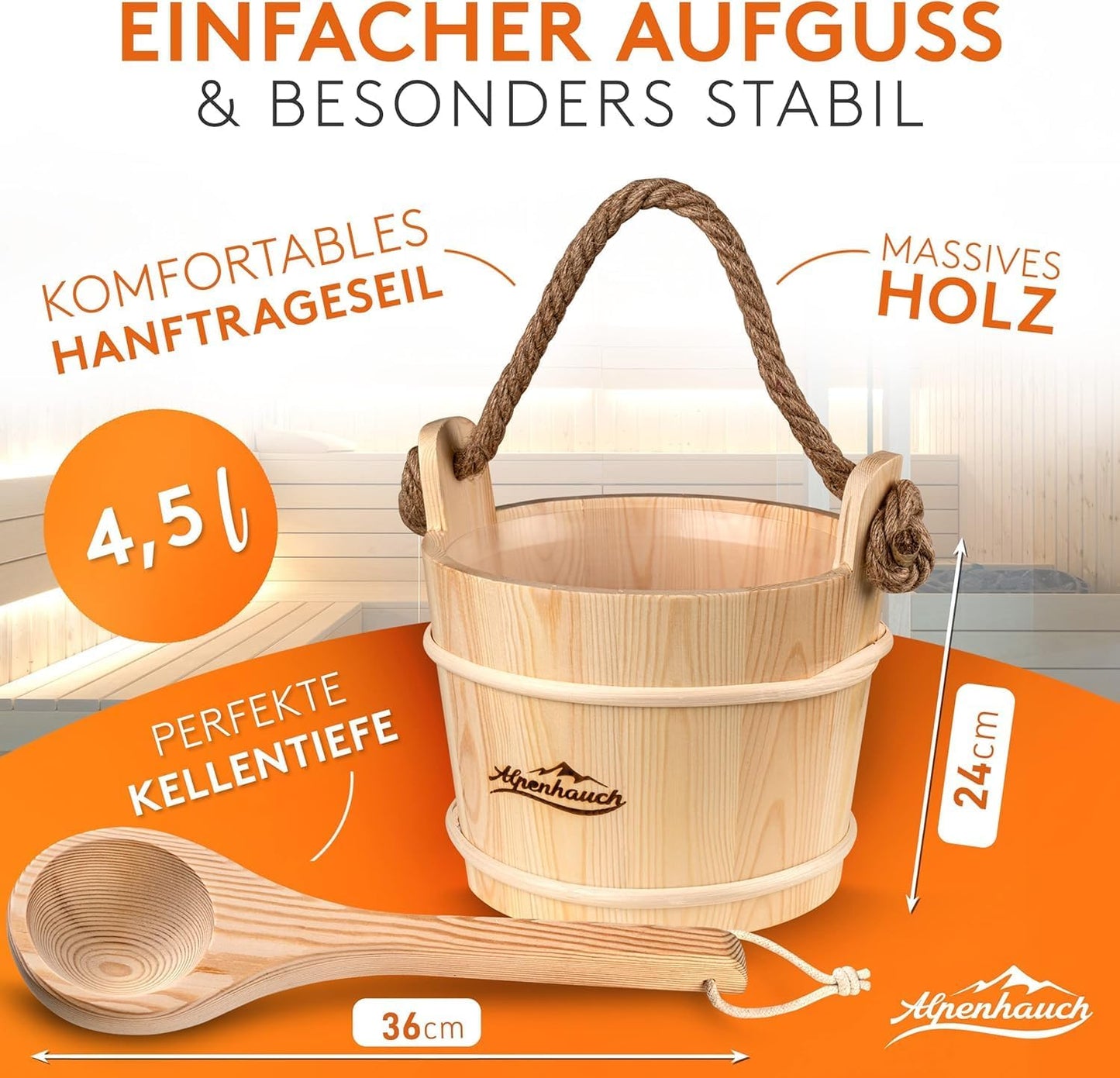 Saunaeimer-Set mit Kelle, Sanduhr & Thermometer, Saunaeimer mit Kelle, Sanduhr und Thermometer