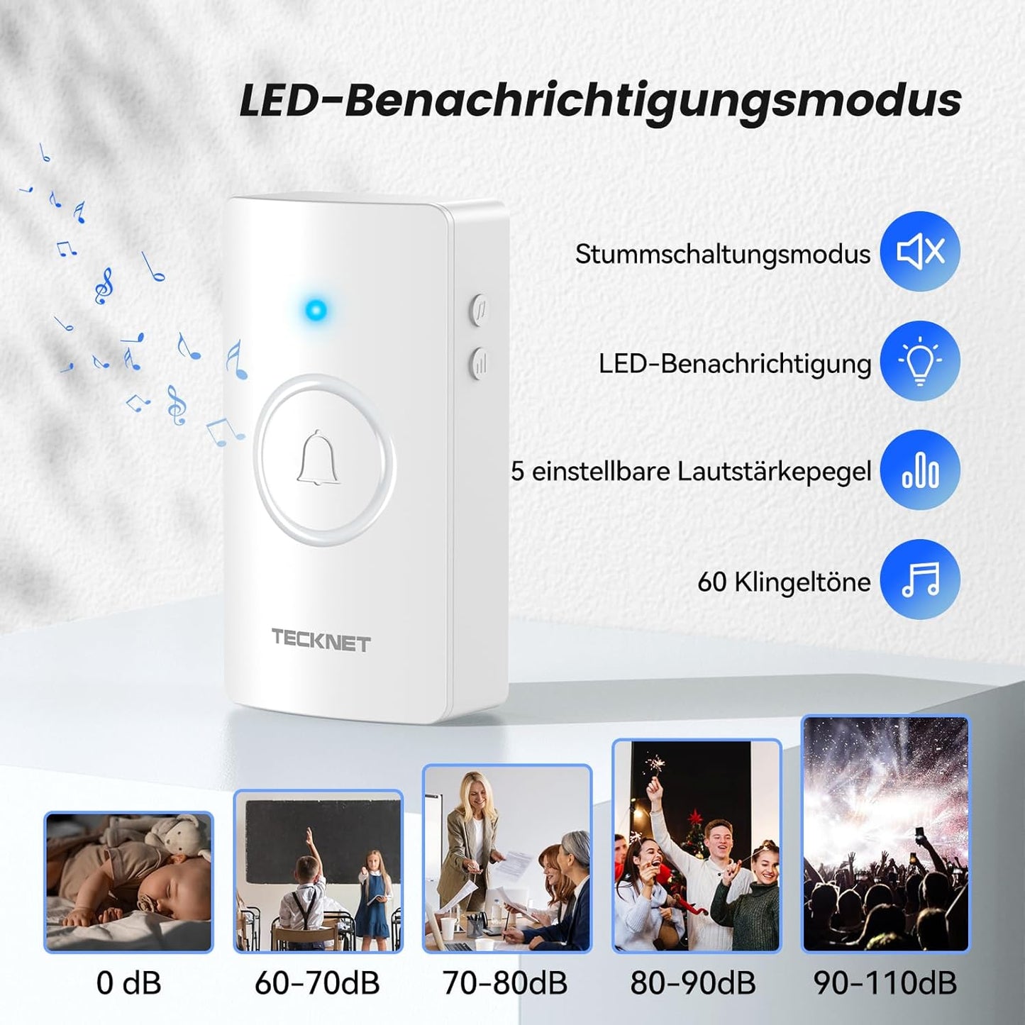 Funkklingel-Set mit 2 Empfängern, 5 Lautstärkestufen & 60 Melodien, 2 Empfänger & 1 Sender Weiss