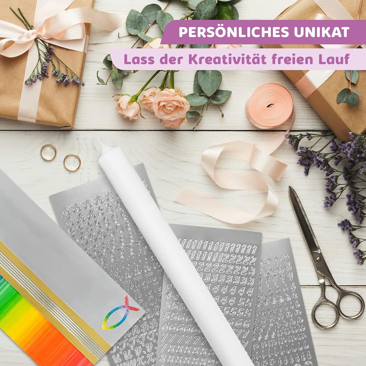 Kerzen-Rohling Set für Taufe und Hochzeit, Regenbogen Gold | Silber mit Fisch Kerze 40x4 cm | Weiss