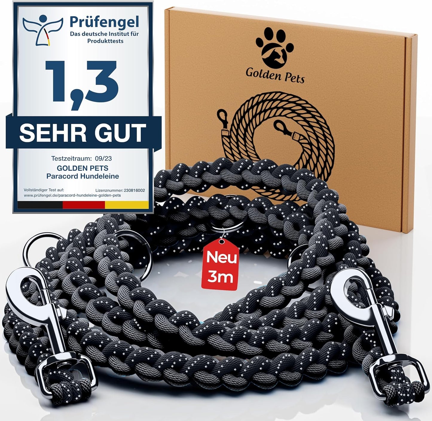 Reflektierende Hundeleine, schwarz - schwarz / 3 m Hunde ab 15 kg