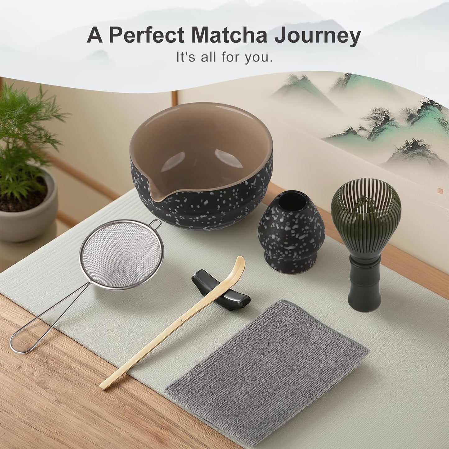 7-teiliges Matcha-Set, Spitzauslauf, Schwarz Gesprenkelt Harz – Grün