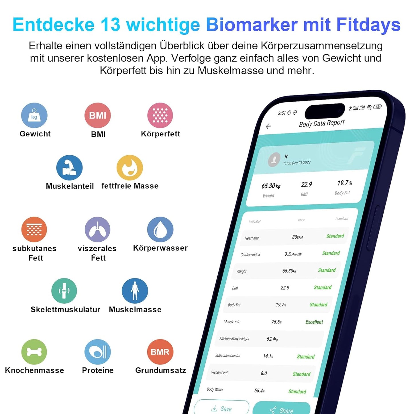 Digitale Körperfettwaage mit App & Bluetooth-Funktion, 260 marmorgrün