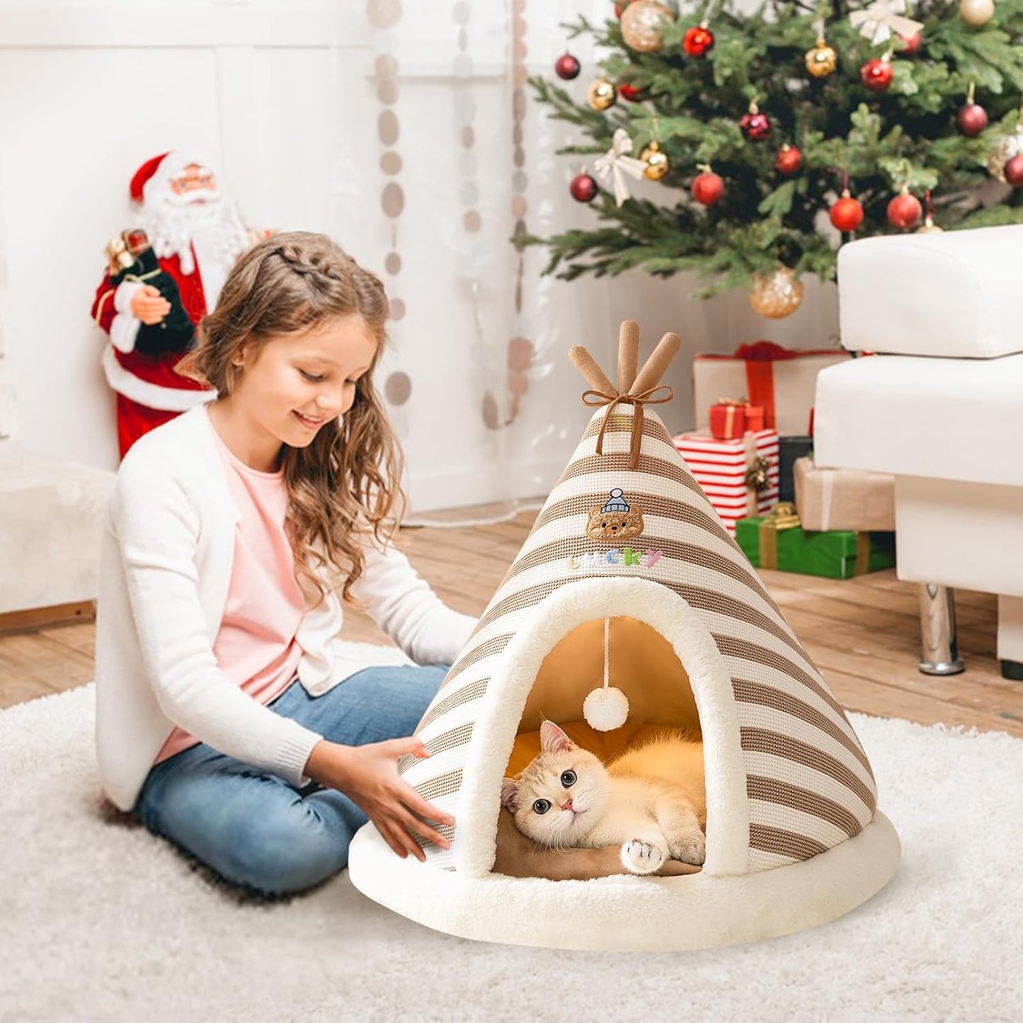 Katzenhöhlenbett mit abnehmbarem Kissen, XL Braun