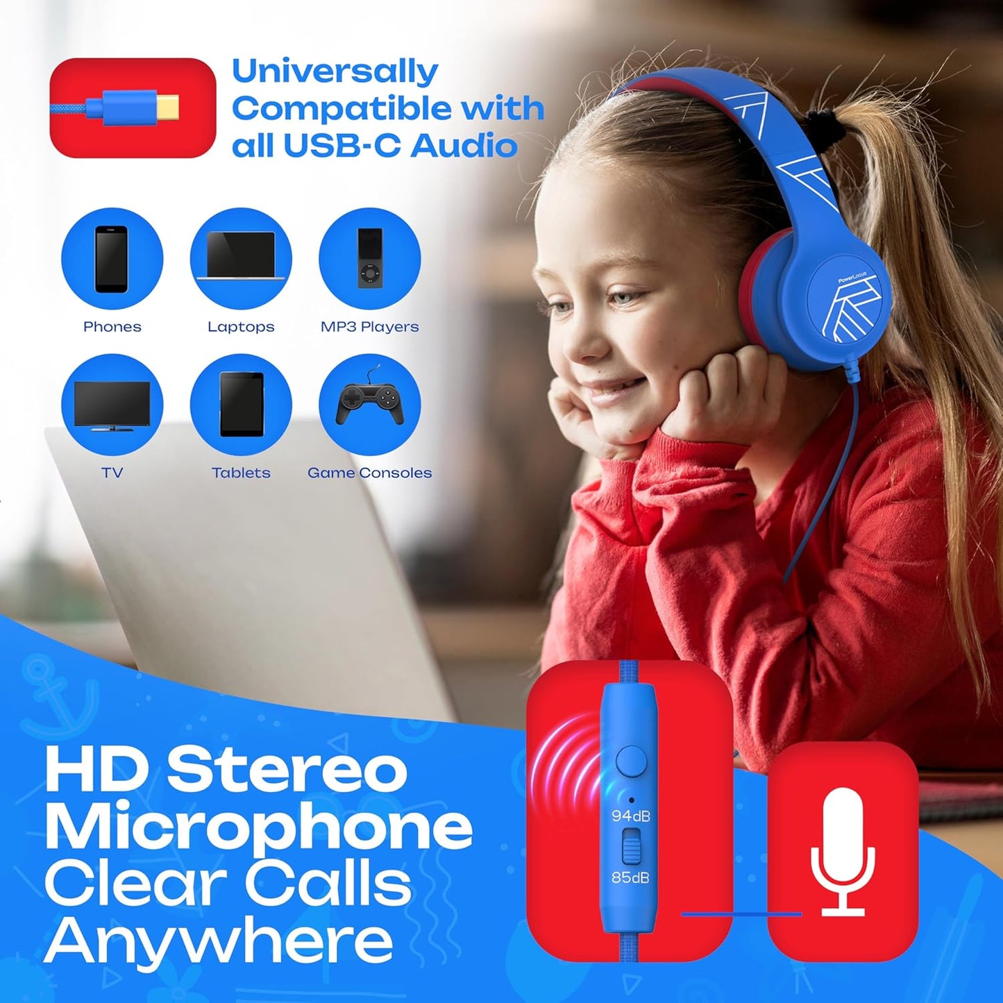 Kinderkopfhörer mit Kabel und externem Mikrofon, USB-C Blau/Rot