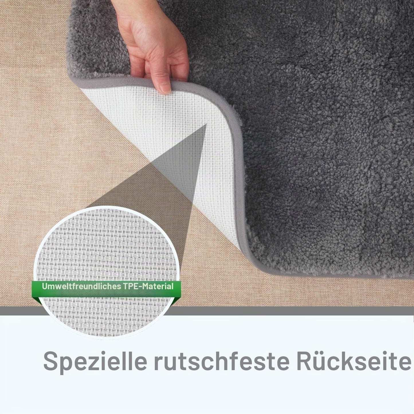 Rutschfester Hochflor Badteppich, maschinenwaschbar, 50 x 80 cm Grau