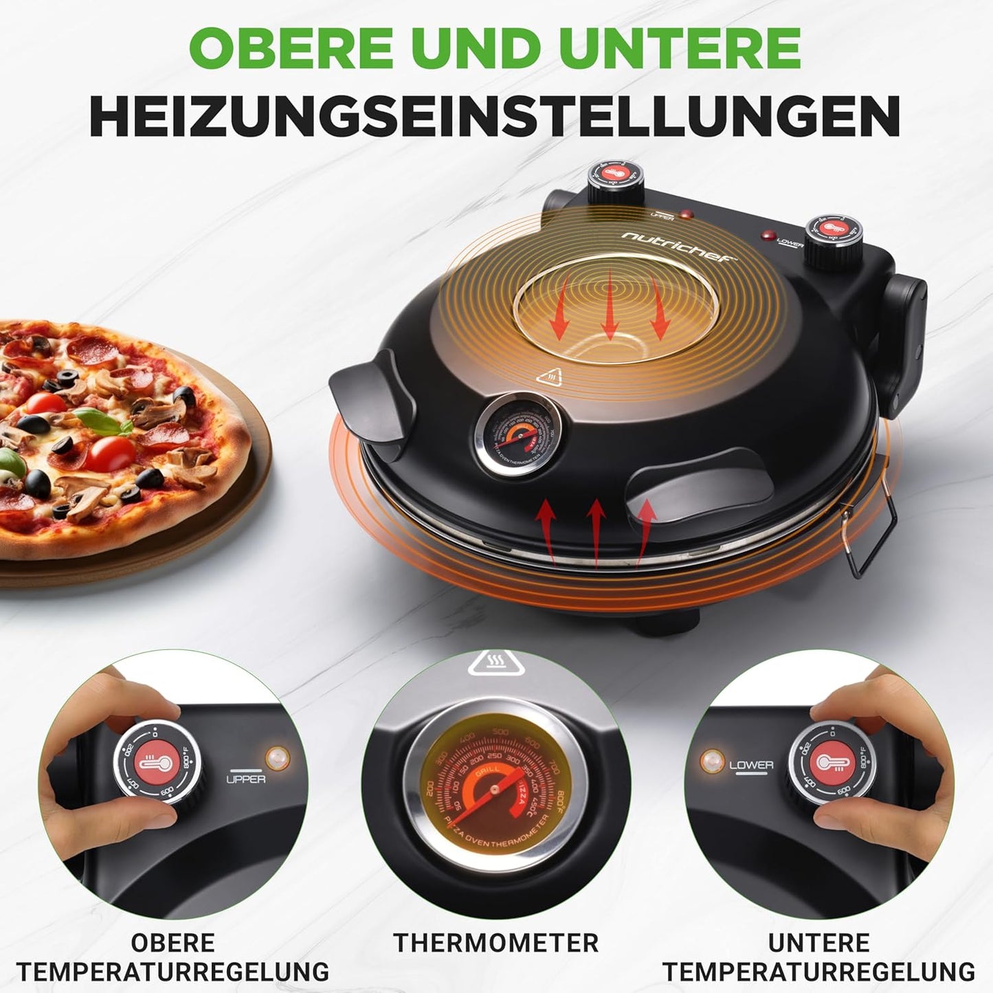 Elektrischer Pizzaofen mit Stein (30 cm, bis 426°C), Black