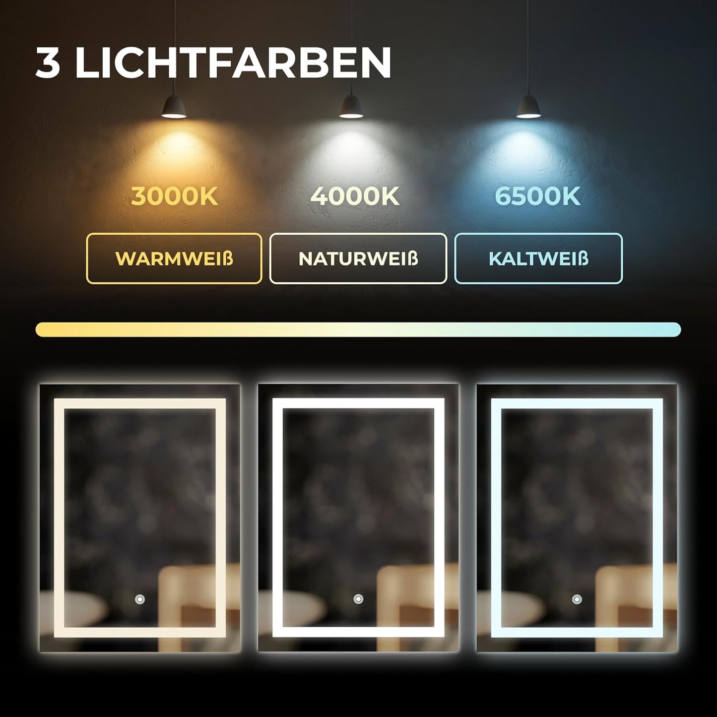 LED Badspiegel mit Anti-Beschlag und Touch-Schalter, 70L x 50B cm