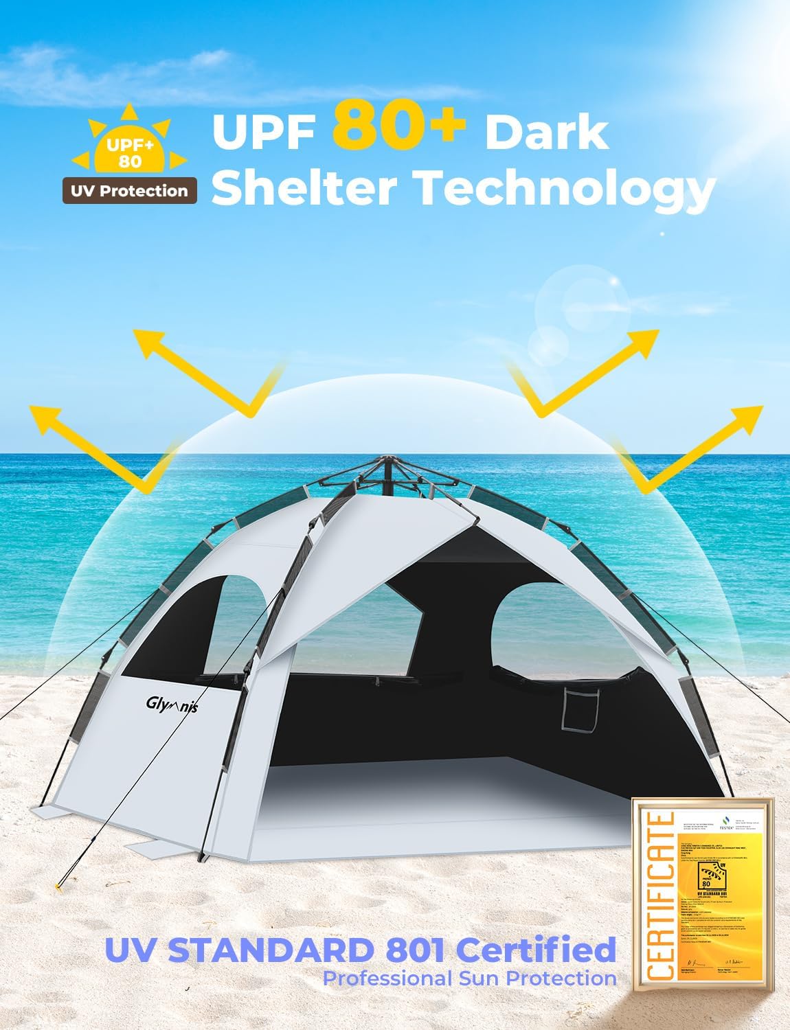 Strandmuschel Quick-Up Zelt mit UV-Schutz 50+, Silber mit schwarzem Vinyl