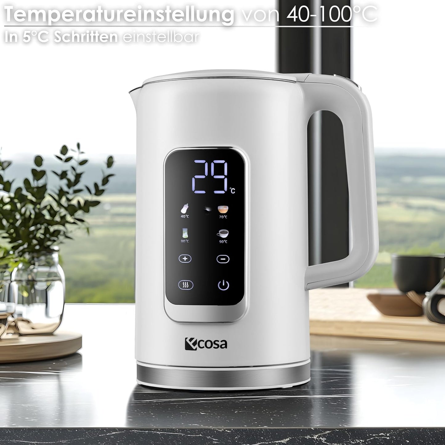Wasserkocher mit Temperatureinstellung (40°C-100°C), Wanda White