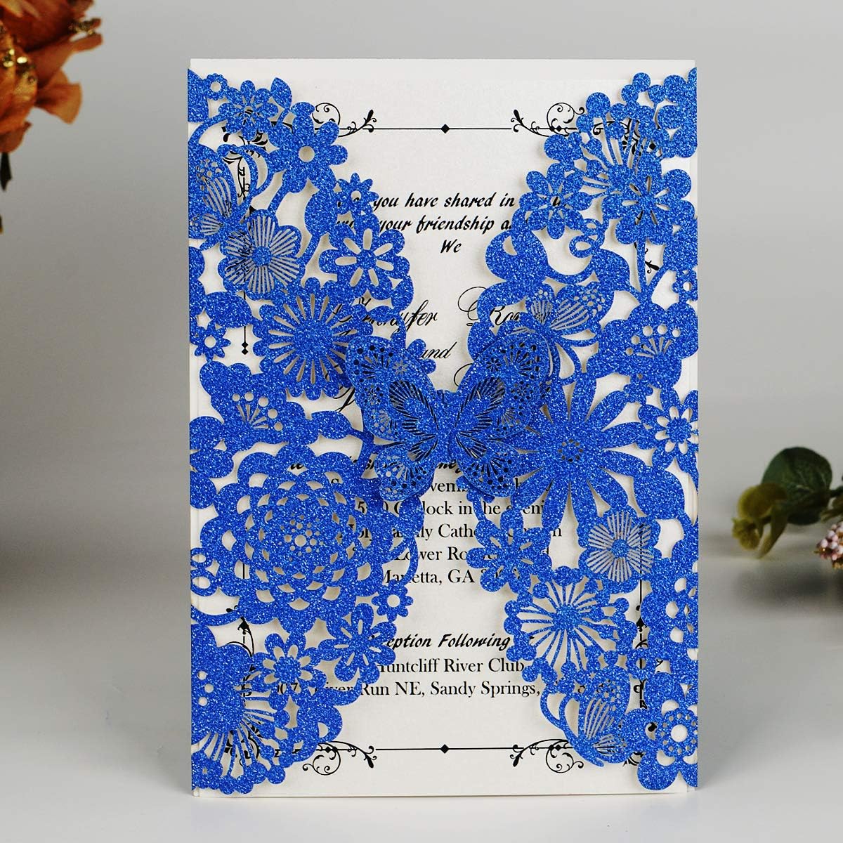 Laserschnitt Hochzeitseinladungen mit Schmetterling, 20 Stück Leeres Papier ;  Blau Glitzer