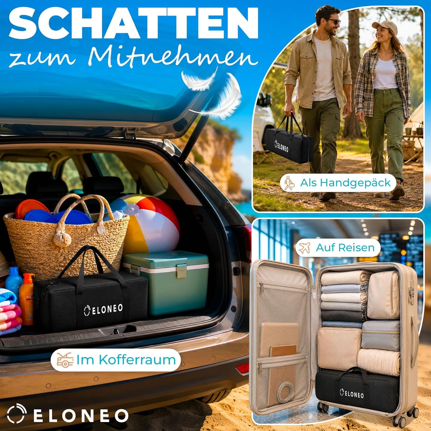 Strand-Sonnensegel mit UV-Schutz LSF 50+, Türkis 228 x 214 x 200 cm / 4 Stangen