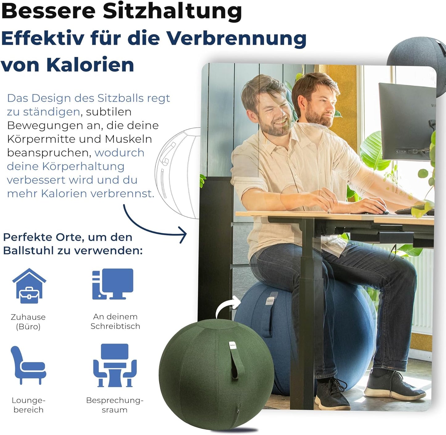 Ergonomischer Büro-Sitzball mit Leinenbezug (65 cm), 65 cm Olivgrün