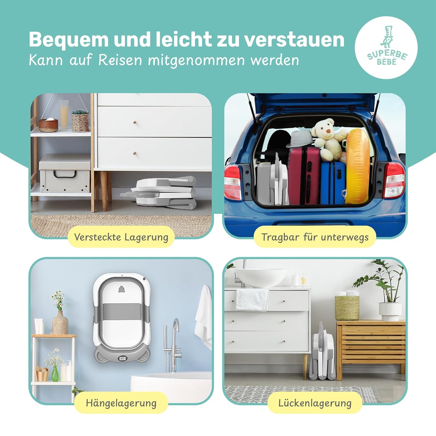 Faltbare Babywanne mit Badethermometer, 2 x faltbar Bear GRAU