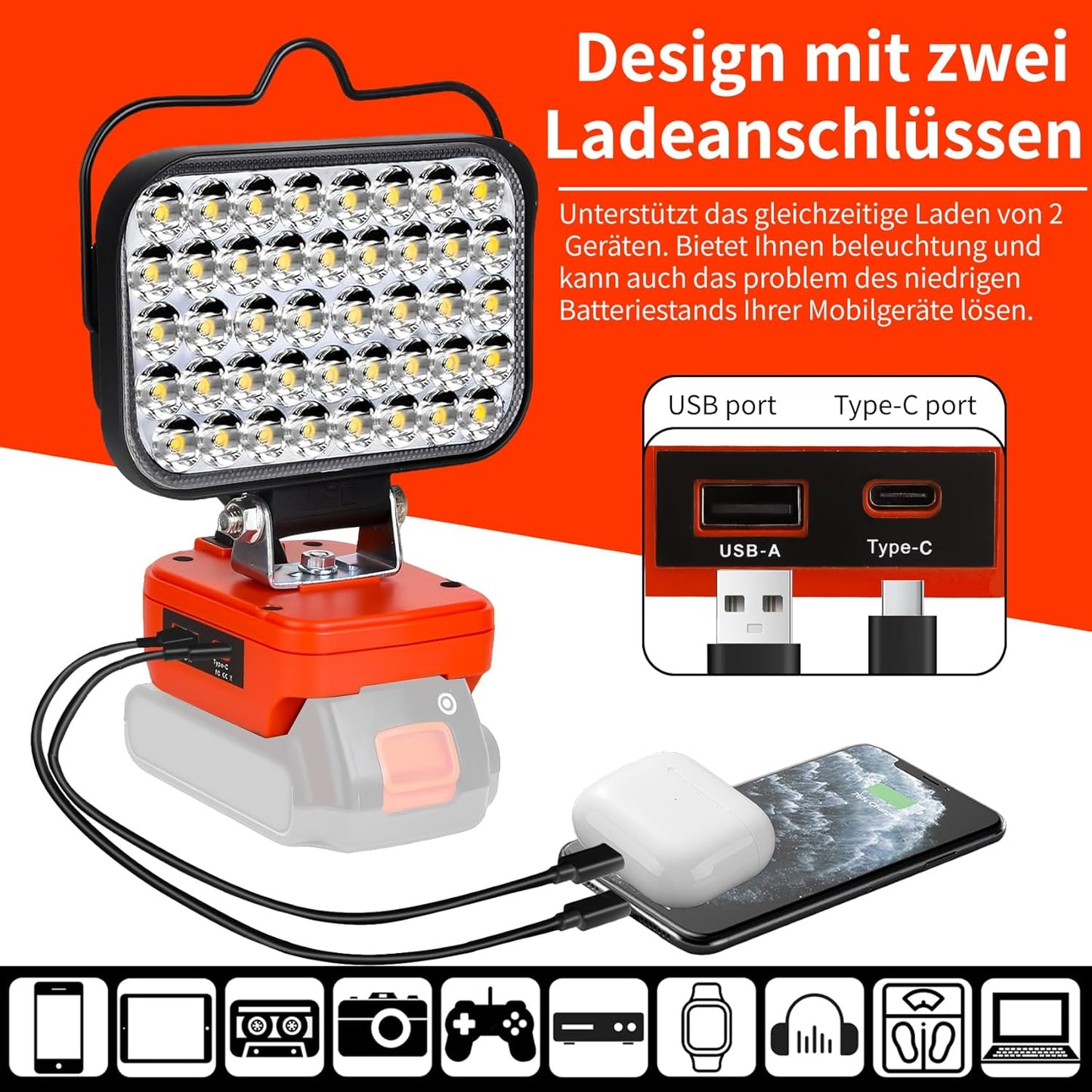 Kabellose LED Arbeitsleuchte ohne Akku, Rot-für Black+decker Akku 20v