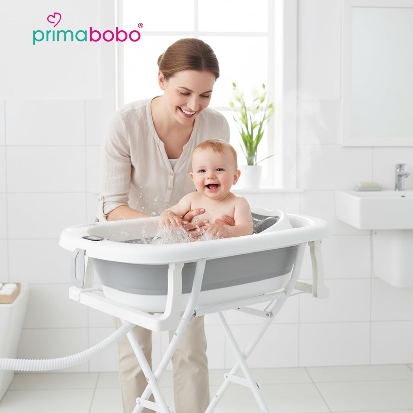 Faltbare Babybadewanne mit Badesitz und Thermometer, Milo Grau (Badesitz, Thermometer) Faltbare Babybadewanne mit Gestell