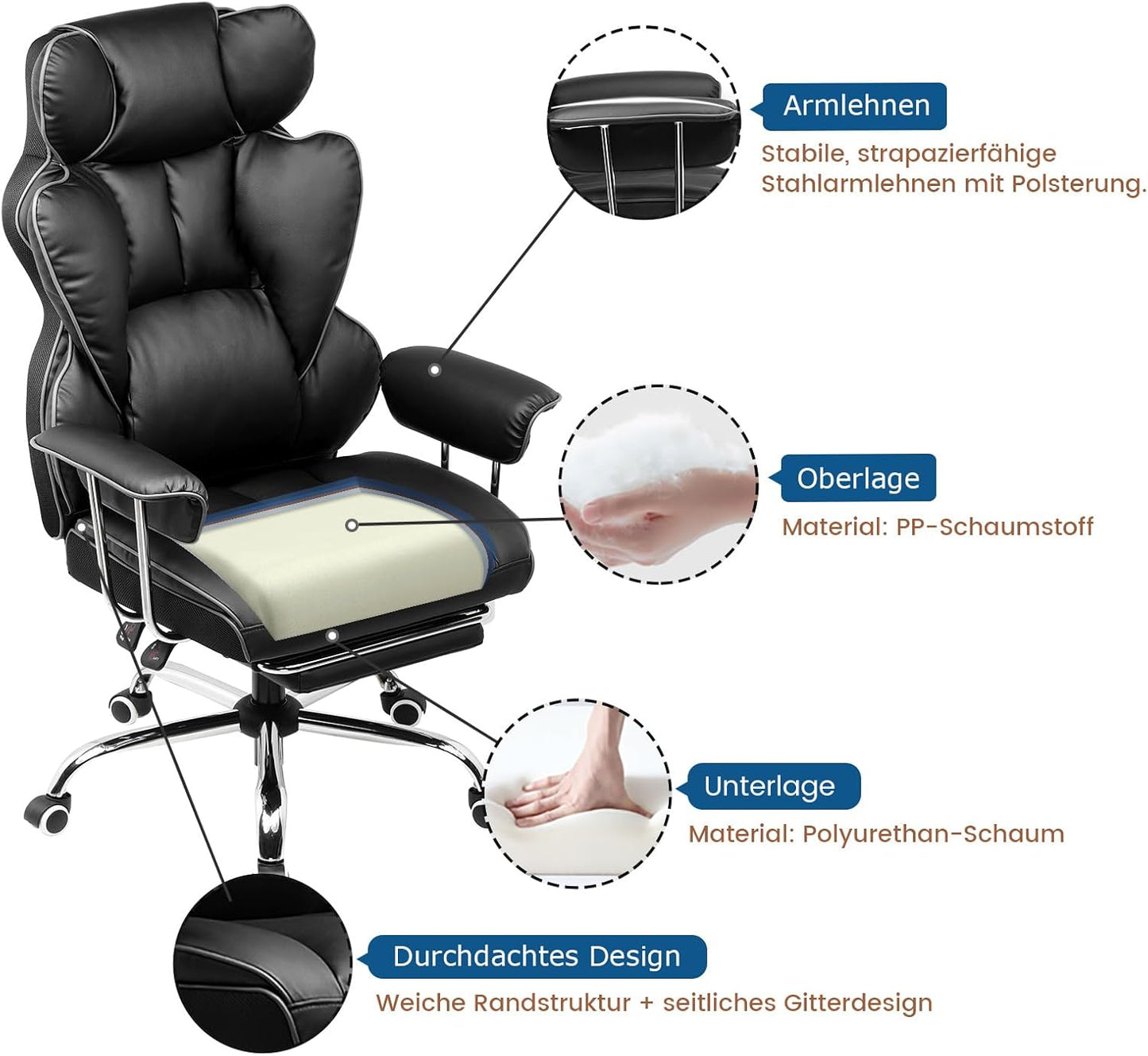 Ergonomischer Gaming Stuhl GT200 mit Fussstütze, Schwarz, Kunstleder