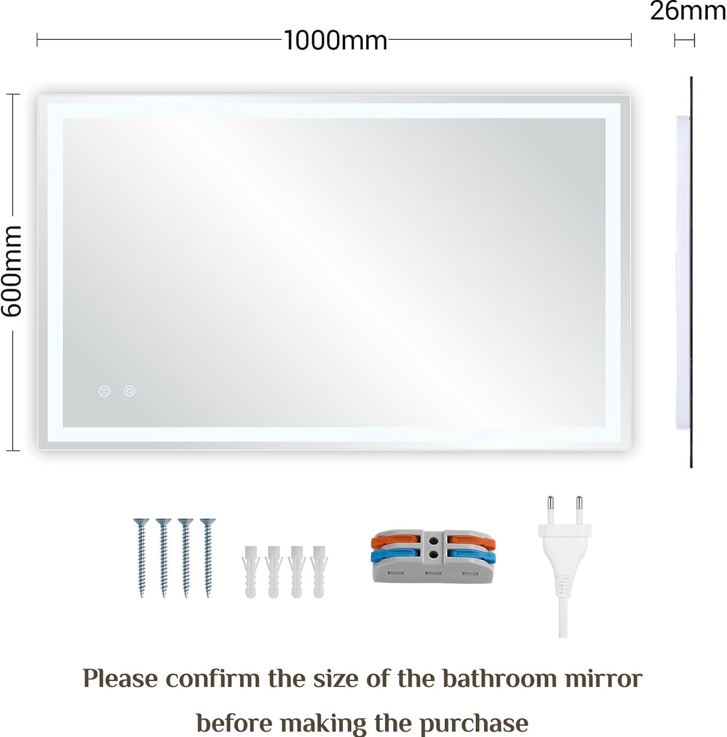 Badspiegel mit LED-Beleuchtung, dimmbar, Touch-Schalter und Beschlagfrei, 100L x 60B cm