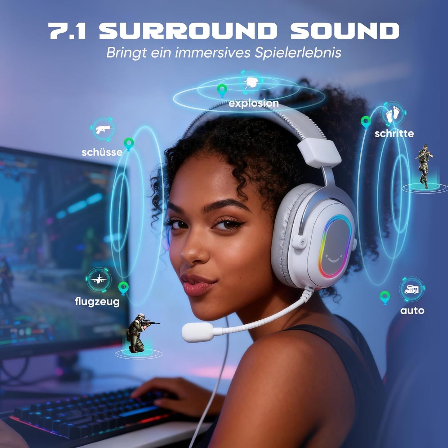 Gaming Headset mit Mikrofon, Surround Sound, USB, Weiss
