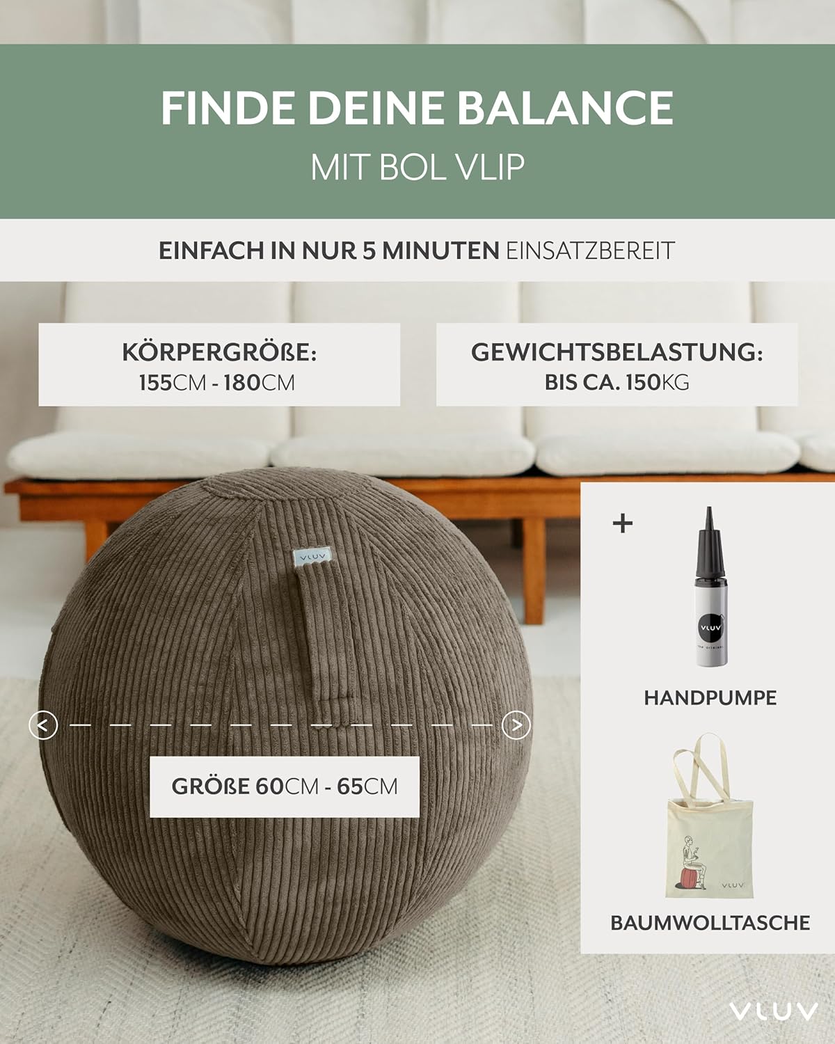 Ergonomischer Sitzball mit Tragegriff, 65 cm, Nougat 60 - 65cm