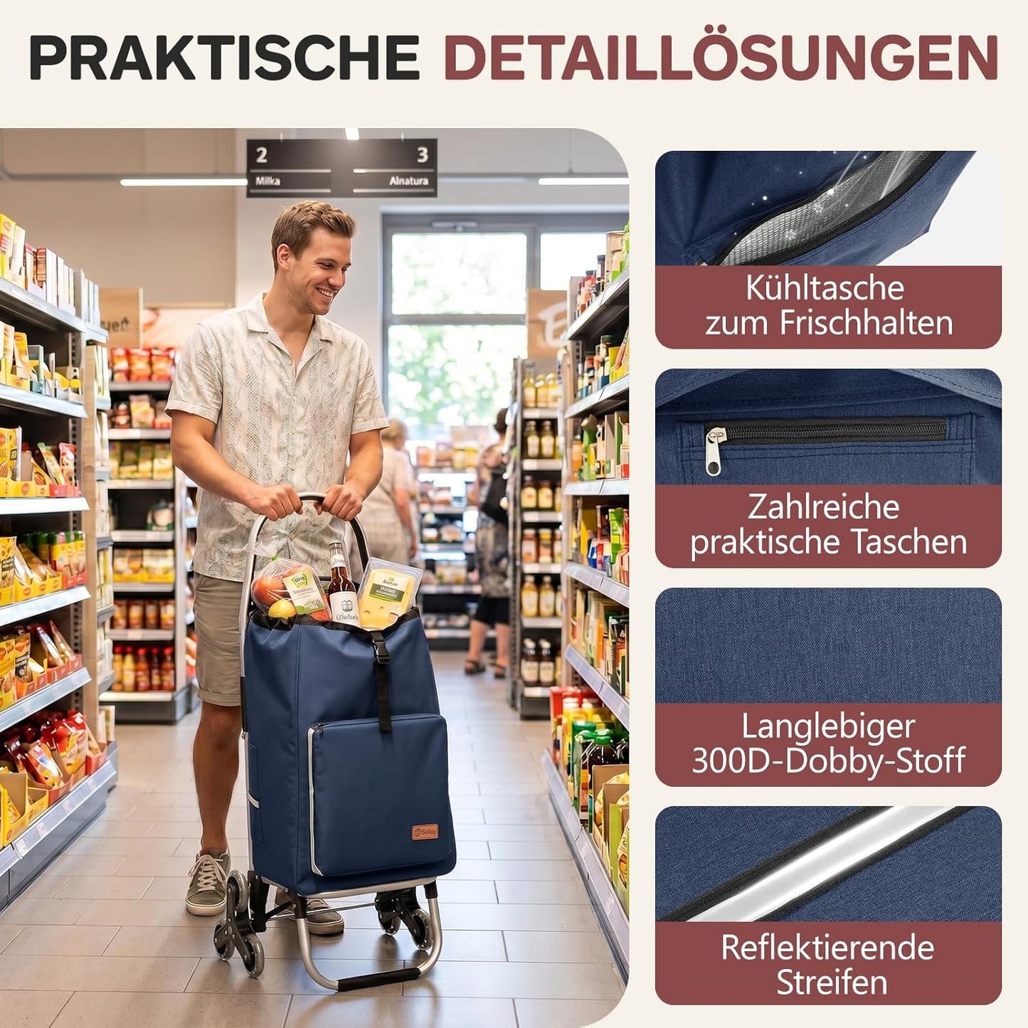 Einkaufstrolley Treppensteiger klappbar mit Kühlfach, Blau