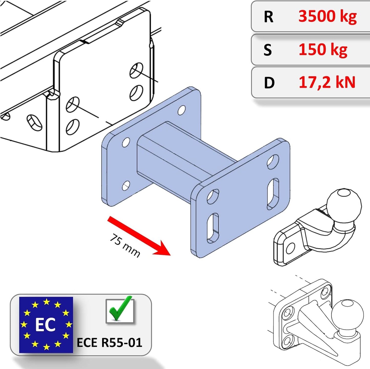 Adapter Verlängerung für Anhängerkupplung, 75 mm