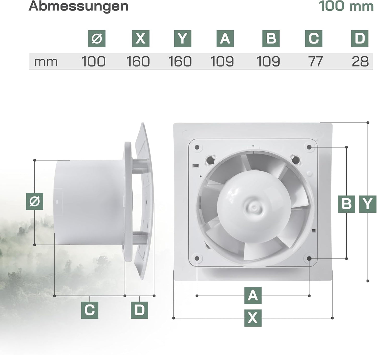 Badlüfter mit Feuchtigkeitssensor & Timer (100 mm), Ø 100 mm Weiß mit Feuchtesensor + Timer