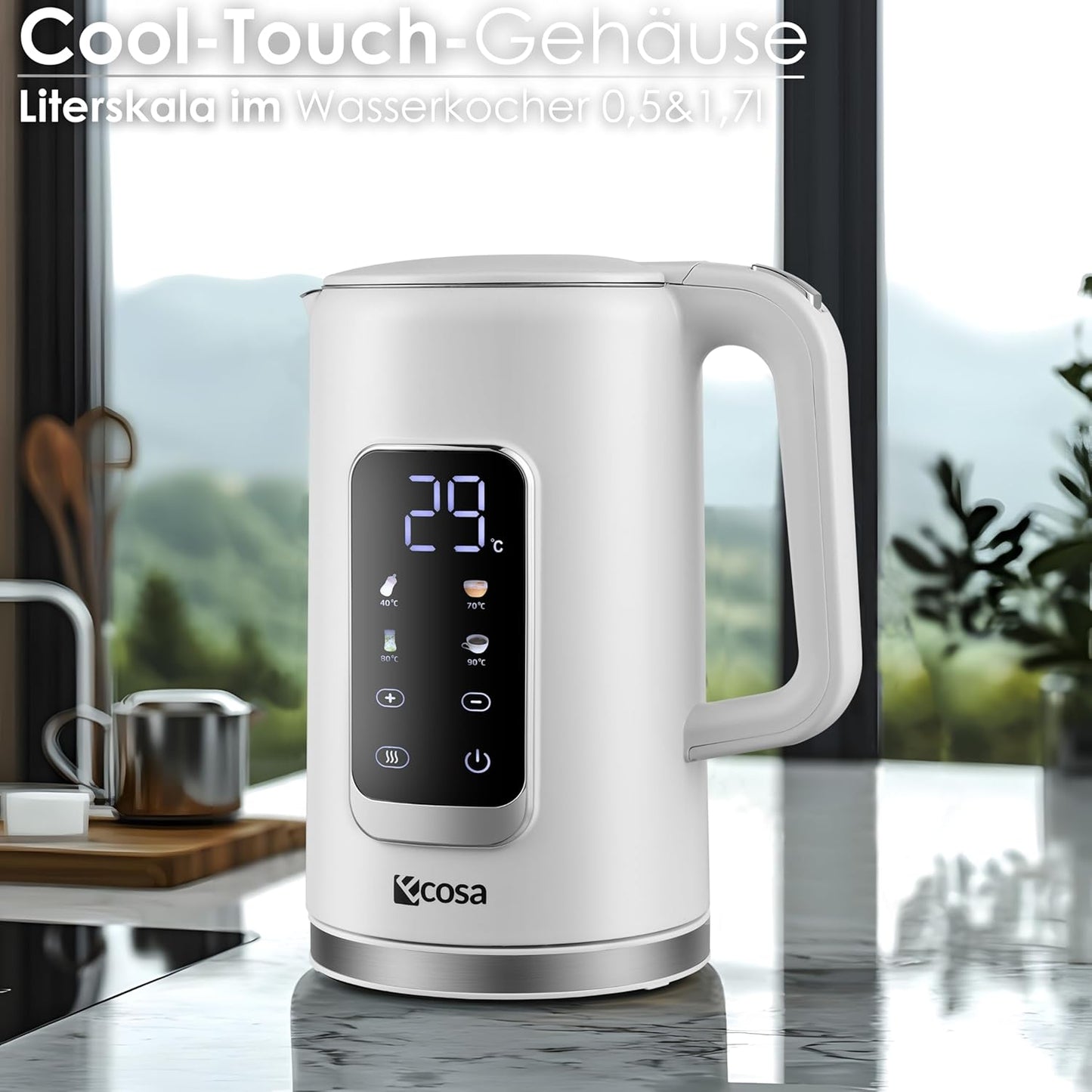 Wasserkocher mit Temperatureinstellung (40°C-100°C), Wanda White
