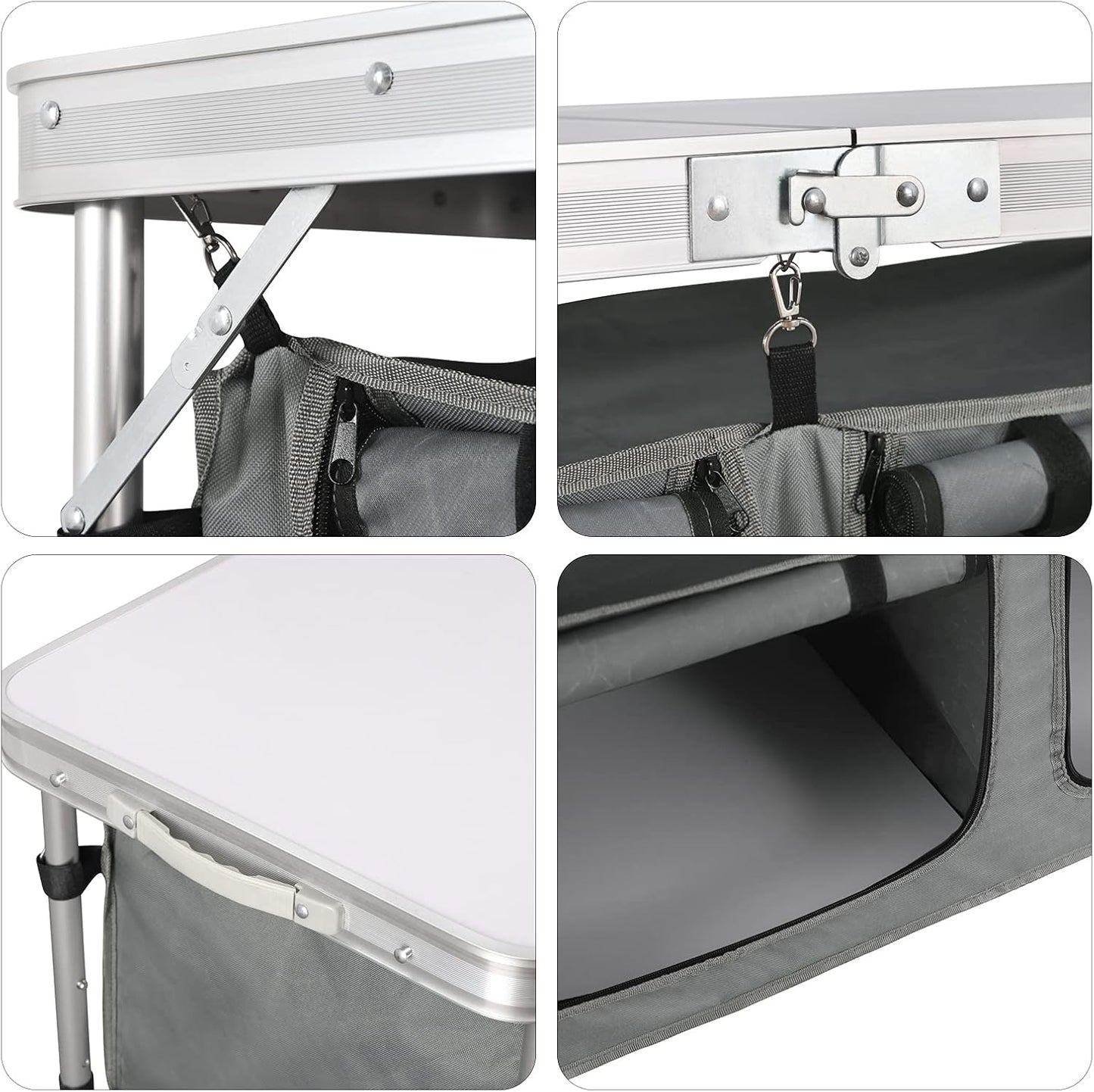 Faltbarer, höhenverstellbarer Campingtisch mit Stauraum, Weiß+grau