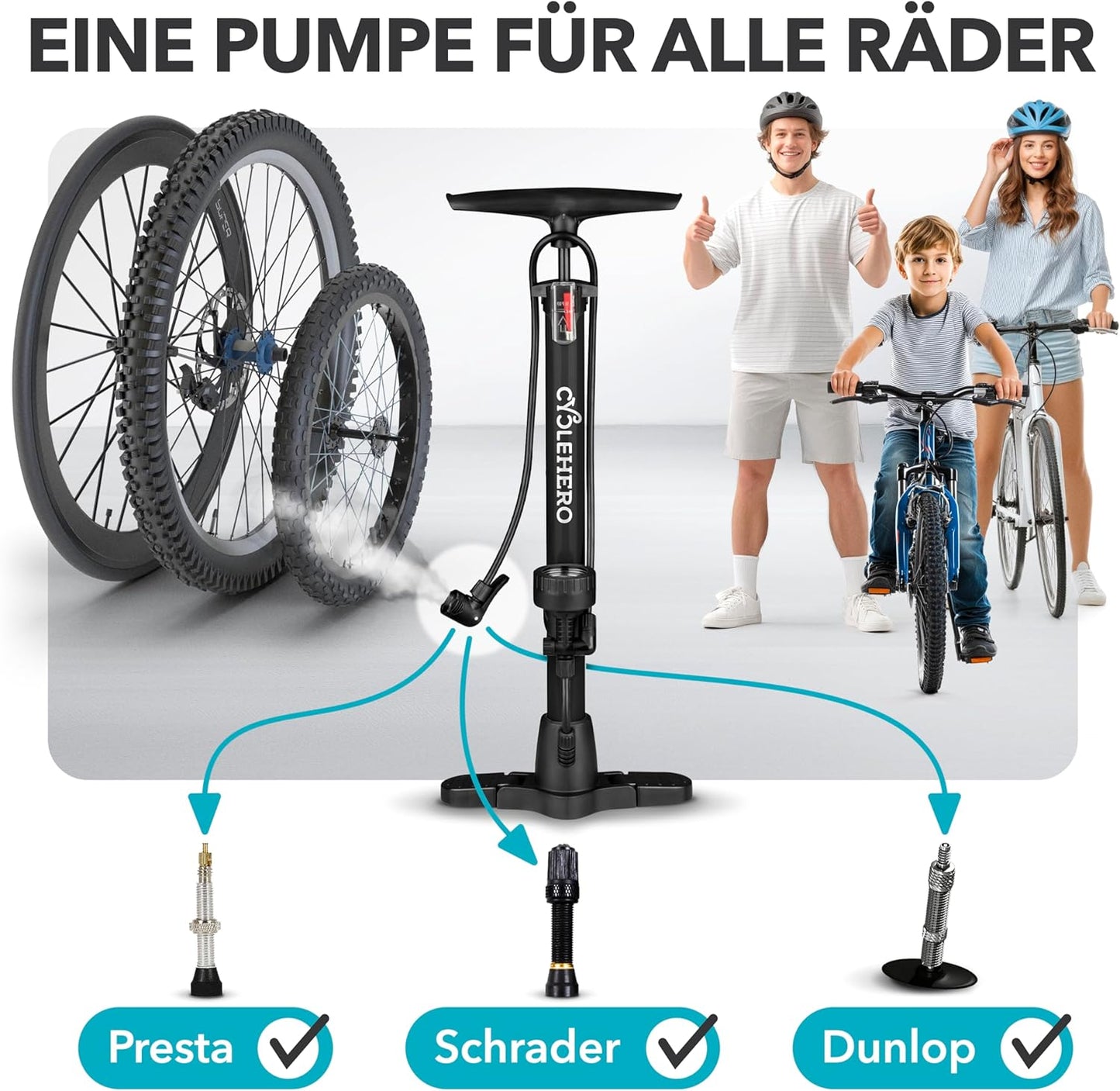 Velopumpe mit Manometer für alle Ventile, Standpumpe Schwarz