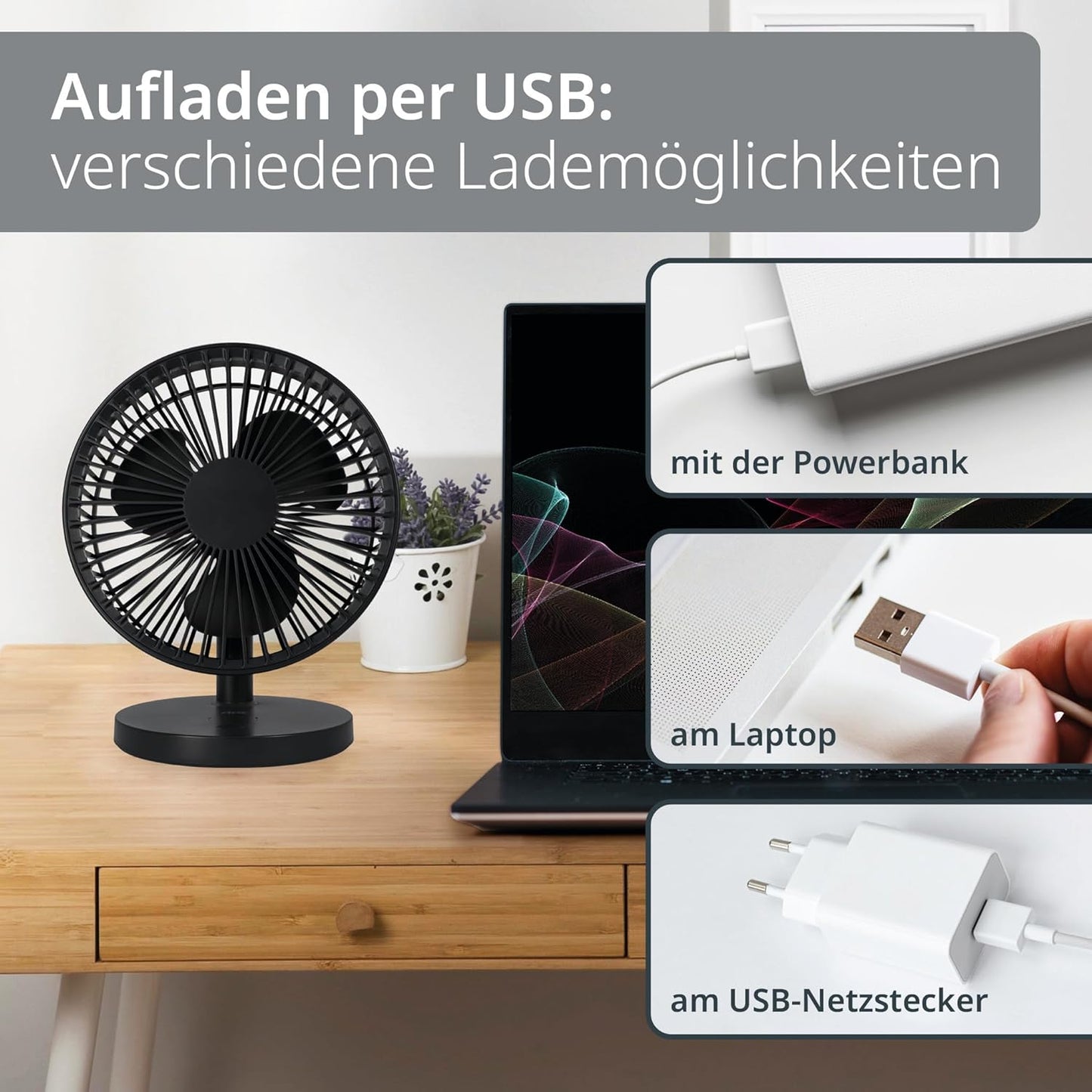 USB-Tischventilator mit Akku, Anthrazit