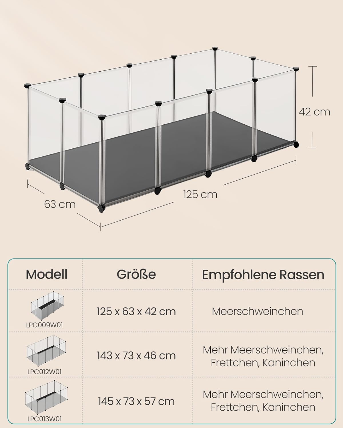 Kleintiergehege mit Bodenplatten, 125 x 63 x 42 cm, 125L x 63B x 42H cm