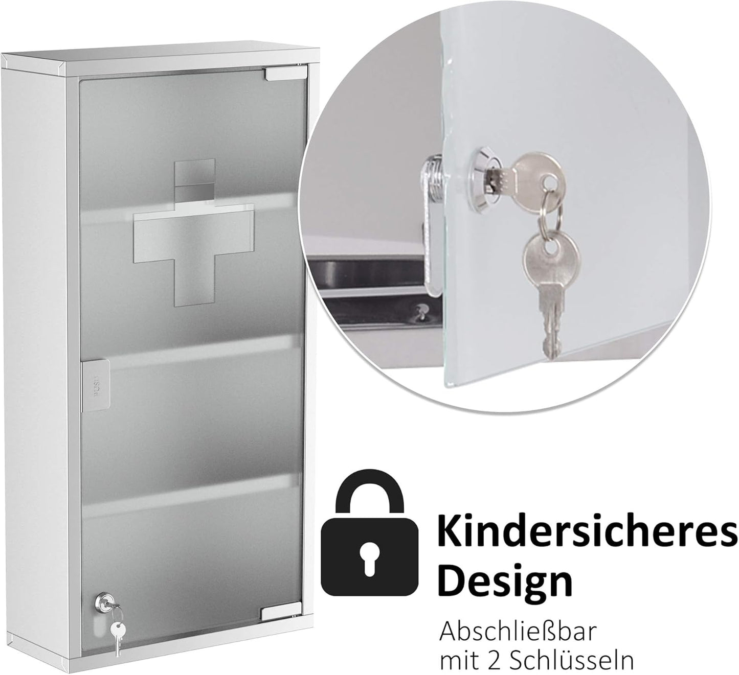 Abschliessbarer Medizinschrank mit 4 Fächern, Silber B30 x T12 x H60 cm